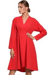 Elegancka sukienka rozkloszowana z dekoltem V czerwona. Czerwone sukienki damskie Sukienki.shop, na imprezę, l, bez wzorów, eleganckie, bez kołnierzyka, bez ramiączek, rozkloszowane. W wyprzedaży za 244.00 zł.