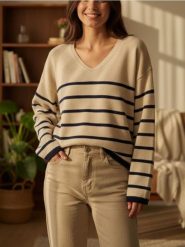 Sweter w paski z dekoltem V - beżowy. Brązowe swetry nierozpinane damskie Sinsay, l, bez wzorów, bez kołnierzyka, bez ramiączek. Za 35.99 zł.