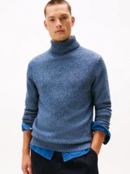 Tommy Hilfiger wełniany sweter Mężczyźni niebieski, XL. Niebieskie swetry męskie Tommy Hilfiger, m, bez wzorów, prążkowane, bez kołnierzyka, bez ramiączek. Za 599.95 zł.