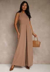 Ciemnobeżowy Taliowany Kombinezon Ozdobiony Zakładkami Berinola. Brązowe sukienki damskie Renee, na imprezę, l, bez wzorów, eleganckie, bez kołnierzyka, bez ramiączek, oversize. Za 129.99 zł.