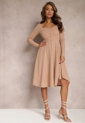 Beżowa Sukienka Midi o Rozkloszowanym Fasonie z Ozdobnymi Guzikami Gerdalia. Brązowe sukienki damskie Renee, s, bez wzorów, eleganckie, bez kołnierzyka, bez ramiączek, midi, rozkloszowane. Za 119.99 zł.