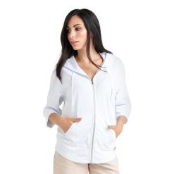 Bluza Chic Boxing z zamkiem błyskawicznym i rękawami ¾. Białe bluzy damskie LEONE 1947 APPAREL, l, bez wzorów, z tkaniny, sportowe, bez ramiączek, bez kaptura. Za 315.75 zł.