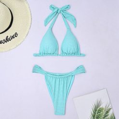 Bikini wiązane z regulowanymi ramiączkami na plażę i basen Deena. Niebieskie bikini Intica, bez wzorów. Za 149.00 zł.