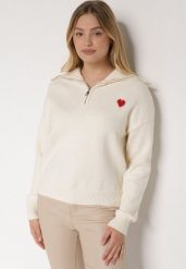Biały Sweter z Bawełną Wiskozą i Wełną Ozdobiony Sercem Monissea. Białe swetry nierozpinane damskie Born2be, m, bez wzorów, z bawełny, biznesowe, bez kołnierzyka, bez ramiączek. Za 129.99 zł.