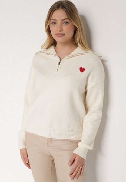 Biały Sweter z Bawełną Wiskozą i Wełną Ozdobiony Sercem Monissea. Białe swetry nierozpinane damskie Born2be, m, bez wzorów, z bawełny, biznesowe, bez kołnierzyka, bez ramiączek. Za 129.99 zł.