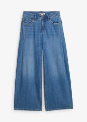 Dżinsy wide leg, mid waist. Niebieskie jeansy damskie bonprix, bez wzorów, z denimu, długie. Za 147.99 zł.