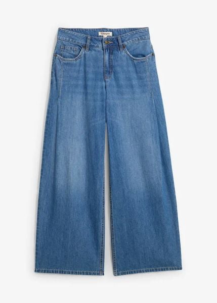 Dżinsy wide leg, mid waist. Niebieskie jeansy damskie bonprix, bez wzorów, z denimu, długie. Za 169.99 zł.