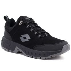 Półbuty męskie trekkingowe czarne Lotto 2400290U 1116. Czarne buty sportowe męskie Lotto, bez wzorów, ze skóry ekologicznej, bez zapięcia. Za 179.99 zł.