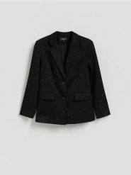 Marynarka ze strasem - czarny. Czarne marynarki i żakiety damskie Reserved, bez wzorów, z tkaniny, bez kołnierzyka, bez ramiączek. Za 329.99 zł.