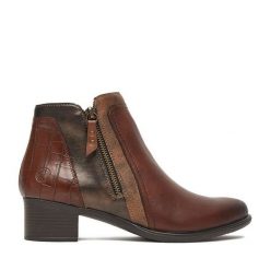 Botki Remonte. Brązowe botki damskie Remonte, bez wzorów, bez obcasa, na słupku, bez zapięcia. Za 419.99 zł.