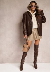 Beżowa Mini Spódnica z Ekoskóry o Rozkloszowanym Fasonie z Plisami Janeve. Brązowe spódnice damskie Renee, l, bez wzorów, mini, rozkloszowane. Za 44.99 zł.