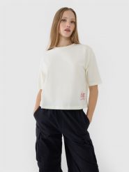 4F T-shirt oversize z nadrukiem damski - biały M. Białe t-shirty damskie 4F, m, bez wzorów, z bawełny, klasyczne, bez kołnierzyka, bez ramiączek. W wyprzedaży za 39.99 zł.