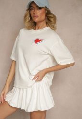Jasnobeżowy T-shirt z Bawełny Ozdobiony Sercem Ranira. Brązowe t-shirty damskie Renee, z aplikacjami, z bawełny, bez kołnierzyka, bez ramiączek. Za 54.99 zł.