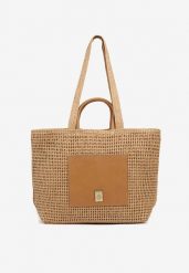 Ciemnobeżowa Pleciona Torebka Shopper z Metaliczną Ozdobą Feleriona. Brązowe torebki do ręki damskie Born2be, z aplikacjami, z jeansu, bez dodatków. Za 89.99 zł.