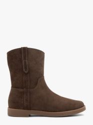 Brązowe płaskie botki ze skóry welurowej. Brązowe botki damskie Ryłko, bez wzorów, z jeansu, casualowe, bez obcasa, na obcasie, bez zapięcia. Za 429.99 zł.