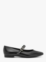 Czarne baleriny z klamrą i noskiem w szpic. Czarne balerinki damskie Ryłko, bez wzorów, ze skóry, eleganckie, bez obcasa, na szpilce, bez zapięcia. Za 349.99 zł.