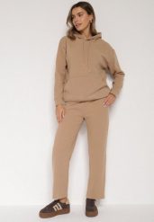 Ciemnobeżowy Bawełniany Komplet Dresowy z Bluzą i Spodniami Zansira. Brązowe bluzy damskie Born2be, l, bez wzorów, z bawełny, bez ramiączek, z kapturem. Za 89.99 zł.