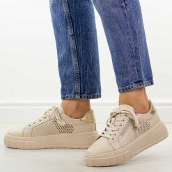 Beżowe skórzane półbuty damskie Jezzi 9778. Brązowe półbuty damskie Jezzi, na jesień, bez wzorów, z jeansu, klasyczne, z okrągłym noskiem, bez obcasa, na platformie, bez zapięcia. Za 229.00 zł.