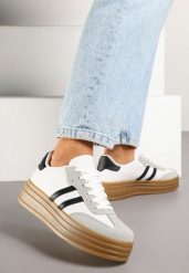 Biało-Czarne Sneakersy Tenisówki z Ozdobnymi Paskami Mirnelis. Białe trampki i tenisówki damskie Born2be, bez wzorów, z jeansu, bez zapięcia. Za 89.99 zł.