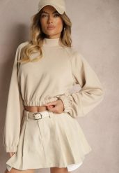 Beżowa Krótka Bluza ze Stójką Benola. Brązowe bluzy damskie Renee, l, bez wzorów, z jeansu, casualowe, bez ramiączek, bez kaptura. Za 99.99 zł.