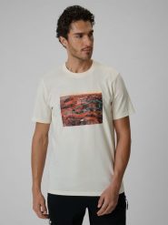 4F T-shirt regular z nadrukiem męski - biały L. Białe t-shirty męskie 4F, l, bez wzorów, z materiału, bez kołnierzyka, bez ramiączek. Za 59.99 zł.