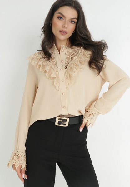 Beżowa Koszula z Koronką i Sargaia. Brązowe koszule damskie Born2be, l, bez wzorów, z koronki, eleganckie, bez kołnierzyka, bez ramiączek. Za 159.99 zł.