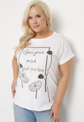 Biały Bawełniany T-shirt z Nadrukiem i Cyrkoniami Ertebis. Białe t-shirty damskie Born2be, xl, bez wzorów, z bawełny, eleganckie, bez kołnierzyka, bez ramiączek. Za 39.99 zł.