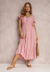 Różowa Sukienka z Wiskozy o Rozkloszowanym Kroju z Falbanami Jonmy. Czerwone sukienki damskie Renee, na spotkanie biznesowe, na lato, l, z aplikacjami, z wiskozy, eleganckie, bez kołnierzyka, bez ramiączek, midi, rozkloszowane. Za 49.99 zł.