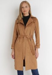 Ciemnobeżowy Płaszcz Viviroe. Brązowe płaszcze damskie Born2be, l, bez wzorów, eleganckie, bez kołnierzyka, bez kaptura. Za 149.99 zł.