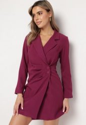 Fioletowa Sukienka Iontheme. Fioletowe sukienki damskie Born2be, l, bez wzorów, eleganckie, bez kołnierzyka, bez ramiączek, mini, kopertowe. Za 119.99 zł.