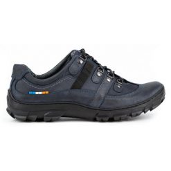 Olivier Skórzane buty trekkingowe męskie 213GT granatowe niebieskie. Niebieskie trekkingi męskie ze skóry, bez zapięcia. Za 319.69 zł.