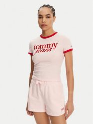 Tommy Jeans T-Shirt Script Ringer DW0DW20631 Różowy Slim Fit. Czerwone t-shirty damskie Tommy Jeans, l, bez wzorów, z bawełny, bez kołnierzyka, bez ramiączek. Za 129.99 zł.