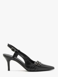 Czółenka slingback z dekoracyjnymi paskami OFELIA. Czarne czółenka damskie Ryłko, bez wzorów, z gumy, bez obcasa, na szpilce, bez zapięcia. Za 429.99 zł.