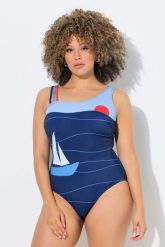 Damskie Strój kąpielowy statek okrągły dekolt miękkie miseczki z recyklingu. Niebieskie stroje kąpielowe damskie Ulla Popken, plus size, bez wzorów, z elastanu. Za 191.99 zł.