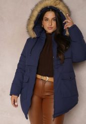 Granatowa Kurtka Parka z Futrem Makareta. Niebieskie kurtki damskie Renee, xl, bez wzorów. Za 179.99 zł.