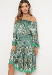 Zielona Sukienka Hiszpanka Ozdobiona Frędzlami o Rozkloszowanym Fasonie w Print Paisley Allnight. Zielone sukienki damskie Born2be, na co dzień, l, bez wzorów, eleganckie, bez kołnierzyka, bez ramiączek, midi, proste. Za 69.99 zł.