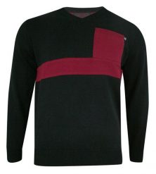 Sweter Męski, Czarno-Czerwony w Serek -KINGS- Dekolt V-Neck, Tłoczony Wzór, Klasyczny. Czerwone swetry męskie Kings, m, bez wzorów, z bawełny, biznesowe, bez kołnierzyka, bez ramiączek. Za 147.00 zł.