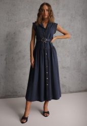 Granatowa Bawełniano-Wiskozowa Sukienka Koszulowa Bez Rękawów z Paskiem Athithoe. Niebieskie sukienki damskie Renee, m, bez wzorów, z bawełny, bez kołnierzyka, bez ramiączek, maxi, koszulowe. Za 169.99 zł.