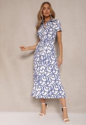 Niebieska Sukienka z Wiskozą o Koszulowym Kroju z Geometrycznym Wzorem Saravione. Niebieskie sukienki damskie Renee, na lato, l, bez wzorów, z wiskozy, eleganckie, bez kołnierzyka, bez ramiączek, koszulowe. Za 129.99 zł.