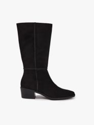 Czarne wyższe botki na obcasie. Czarne botki damskie Ryłko, bez wzorów, z weluru, klasyczne, bez obcasa, na obcasie, bez zapięcia. Za 649.99 zł.
