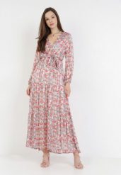 Różowa Sukienka Qinrahne. Czerwone sukienki damskie Born2be, l, bez wzorów, z materiału, bez kołnierzyka, bez ramiączek, maxi, kopertowe. Za 54.99 zł.