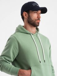 Bluza męska dresowa kangurka z kapturem - zielona V3 OM-SSBN-0177 - S. Zielone bluzy męskie Ombre Clothing, m, z aplikacjami, z bawełny, z kapturem. Za 77.99 zł.