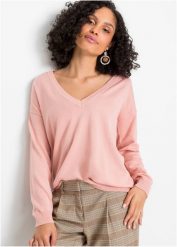 Sweter oversize z dekoltem w serek oversize. Czerwone swetry nierozpinane damskie bonprix, bez wzorów, bez kołnierzyka, bez ramiączek. Za 84.99 zł.