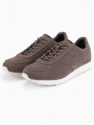 Męskie sportowe buty sneakersy z ekoskóry o zamszowym wykończeniu – ciemnobrązowe V2 OM-FOCS-0161 - 45. Brązowe buty sportowe męskie Ombre Clothing, bez wzorów, z gumy, bez zapięcia. W wyprzedaży za 109.99 zł.