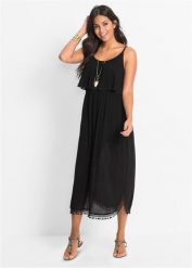 Sukienka maxi ze strukturalnej wiskozy. Czarne sukienki damskie bonprix, bez wzorów, z wiskozy, eleganckie, bez kołnierzyka, bez ramiączek, maxi. Za 139.99 zł.