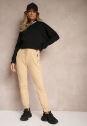 Beżowe Spodnie Dresowe z Bawełny High Waist Ozdobione Kieszeniami na Suwak Fedela. Brązowe spodnie dresowe damskie Renee, bez wzorów, z bawełny, z podwyższonym stanem. Za 44.99 zł.