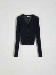 Ażurowy sweter - granatowy. Niebieskie swetry nierozpinane damskie Reserved, l, w ażurowe wzory, z dzianiny, bez kołnierzyka, bez ramiączek. W wyprzedaży za 39.99 zł.