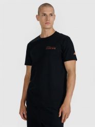 4F T-shirt regular z nadrukiem męski - czarny S. Czarne t-shirty męskie 4F, m, bez wzorów, z bawełny, bez kołnierzyka, bez ramiączek. Za 59.99 zł.