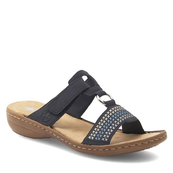 Klapki Rieker. Niebieskie klapki damskie Rieker, bez wzorów, bez obcasa, bez zapięcia. Za 269.99 zł.