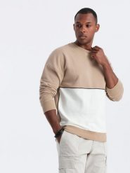 Bluza męska OVERSIZE z kontrastowym łączeniem kolorów - beżowa V2 - Rozmiar: XXL. Brązowe bluzy męskie Ombre Clothing, m, z aplikacjami, z bawełny, eleganckie, bez ramiączek, bez kaptura. Za 189.99 zł.